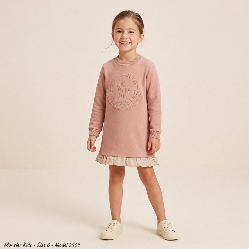 Moncler Sweatshirt Dress Kids Size 6 Pink Excellent Embossed Logo Ruffle Hem
